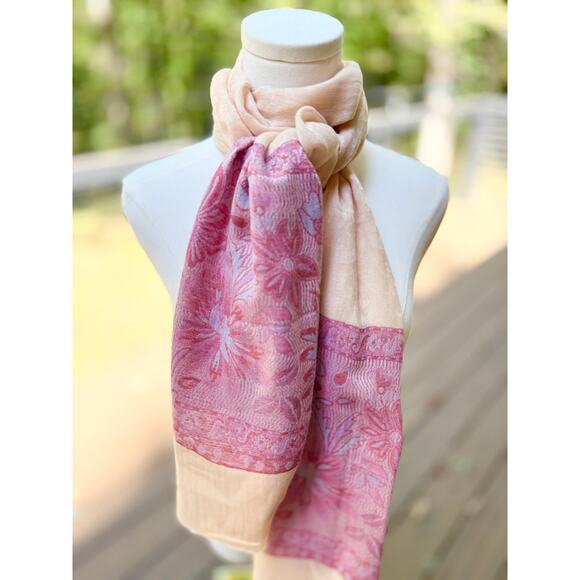 Long Lightweight Cashmere Scarf Pink Floral Pattern Soft Elegant Wrap Shawl - Picture 1 of 9